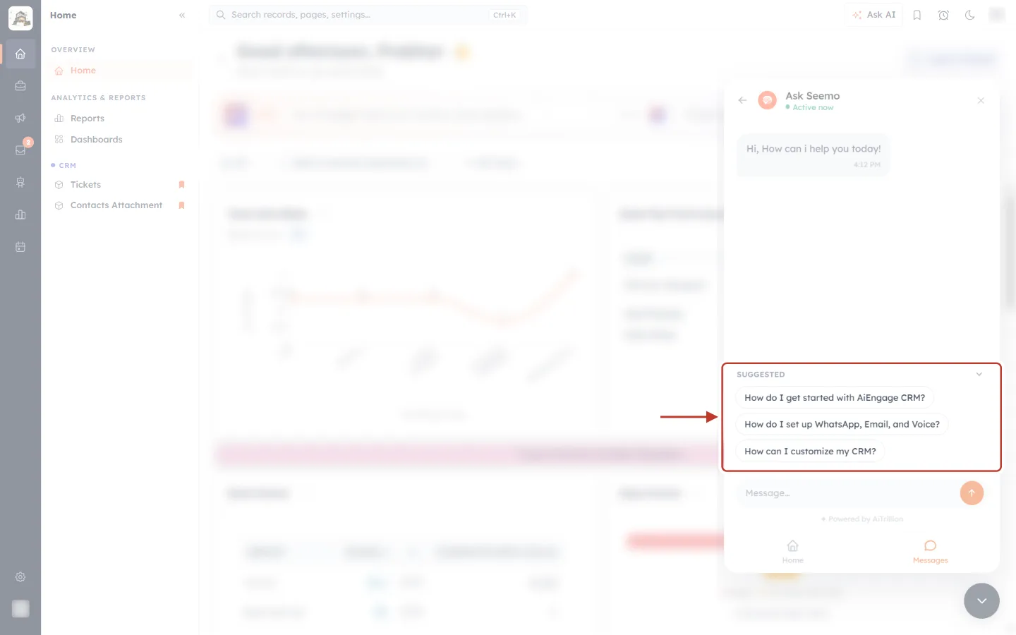 The Suggested questions above the Ask Seemo message box