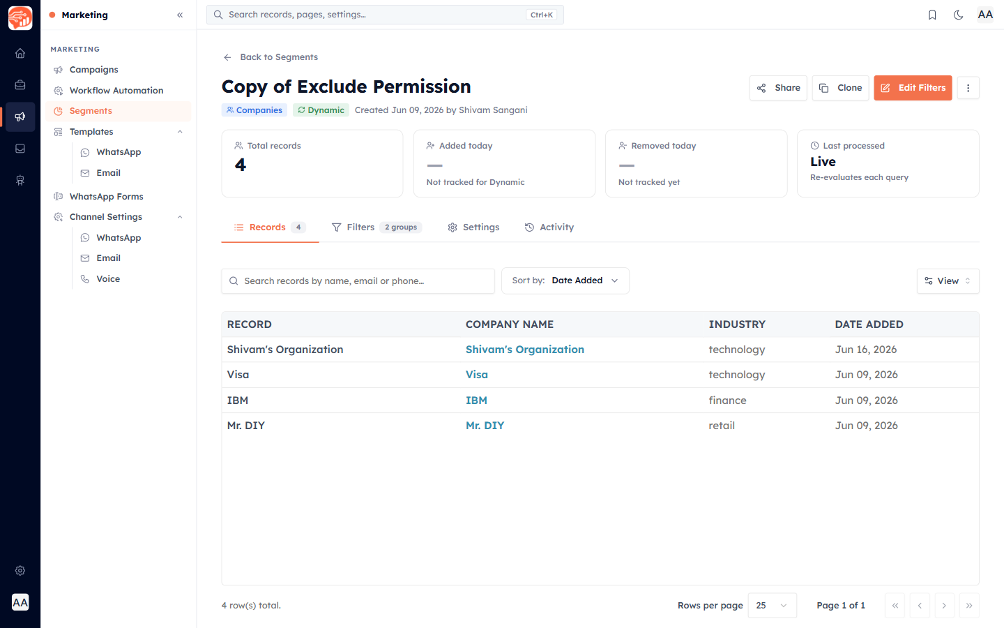 A segment detail page showing the KPI bar and the Records / Filters / Settings / Activity tabs