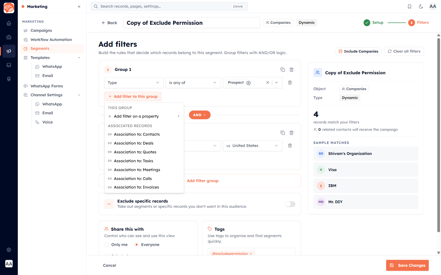 Adding a condition — choosing a property, an operator, and a value