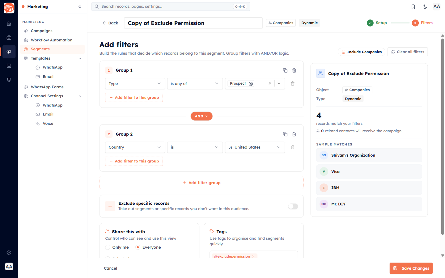 The segment filter builder showing the Include Contacts pill and an empty filter group