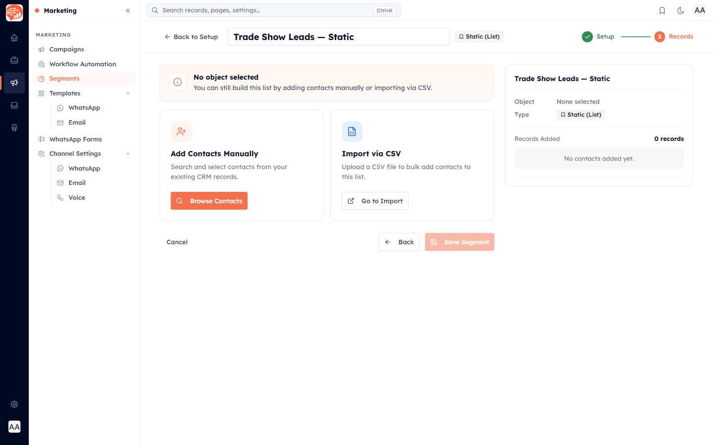 The Manual Records screen with two option cards: Add Contacts Manually and Import via CSV
