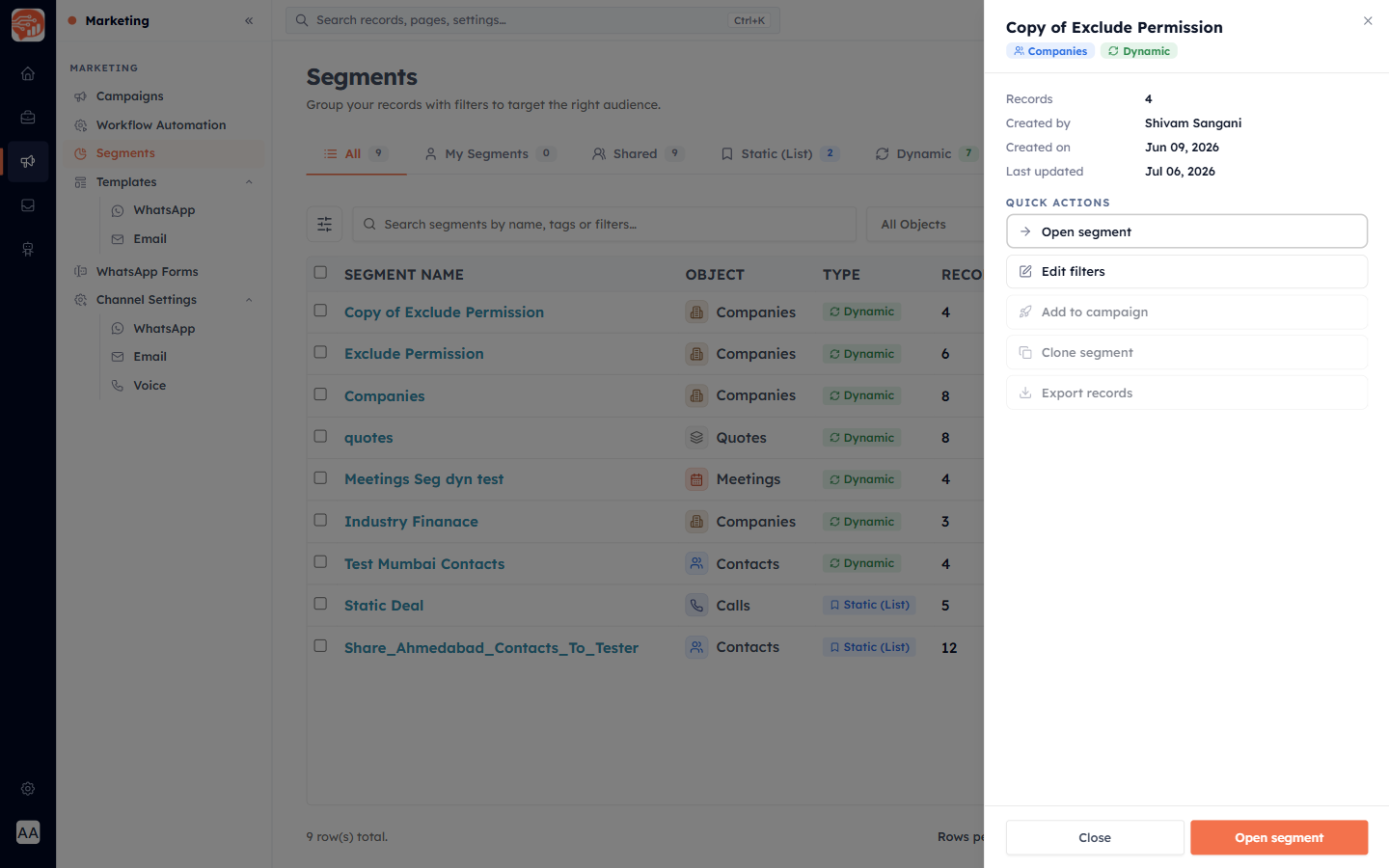The segment preview drawer that slides in when you click a row in the Segments list