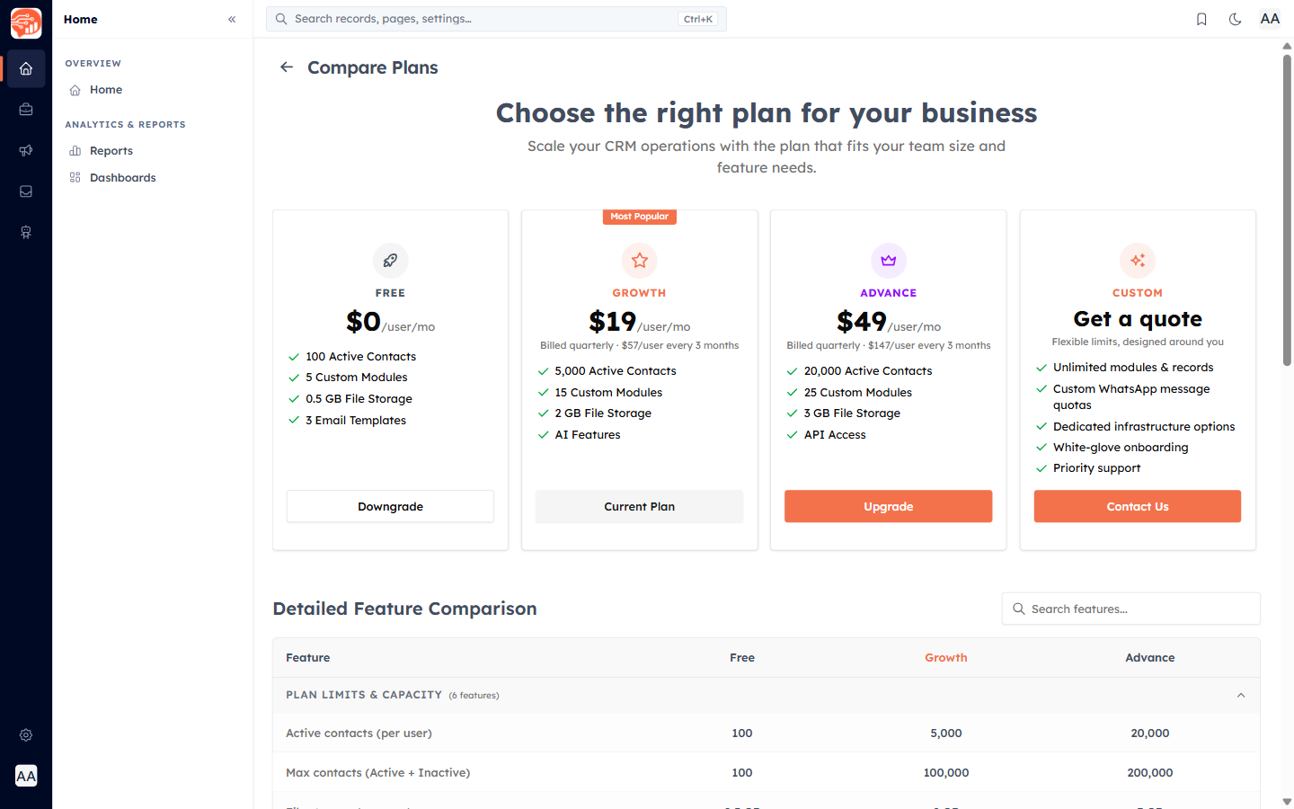 The Compare Plans page with a detailed feature comparison