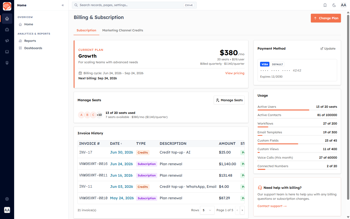 The Billing & Subscription page: current plan, usage, payment method, and invoices