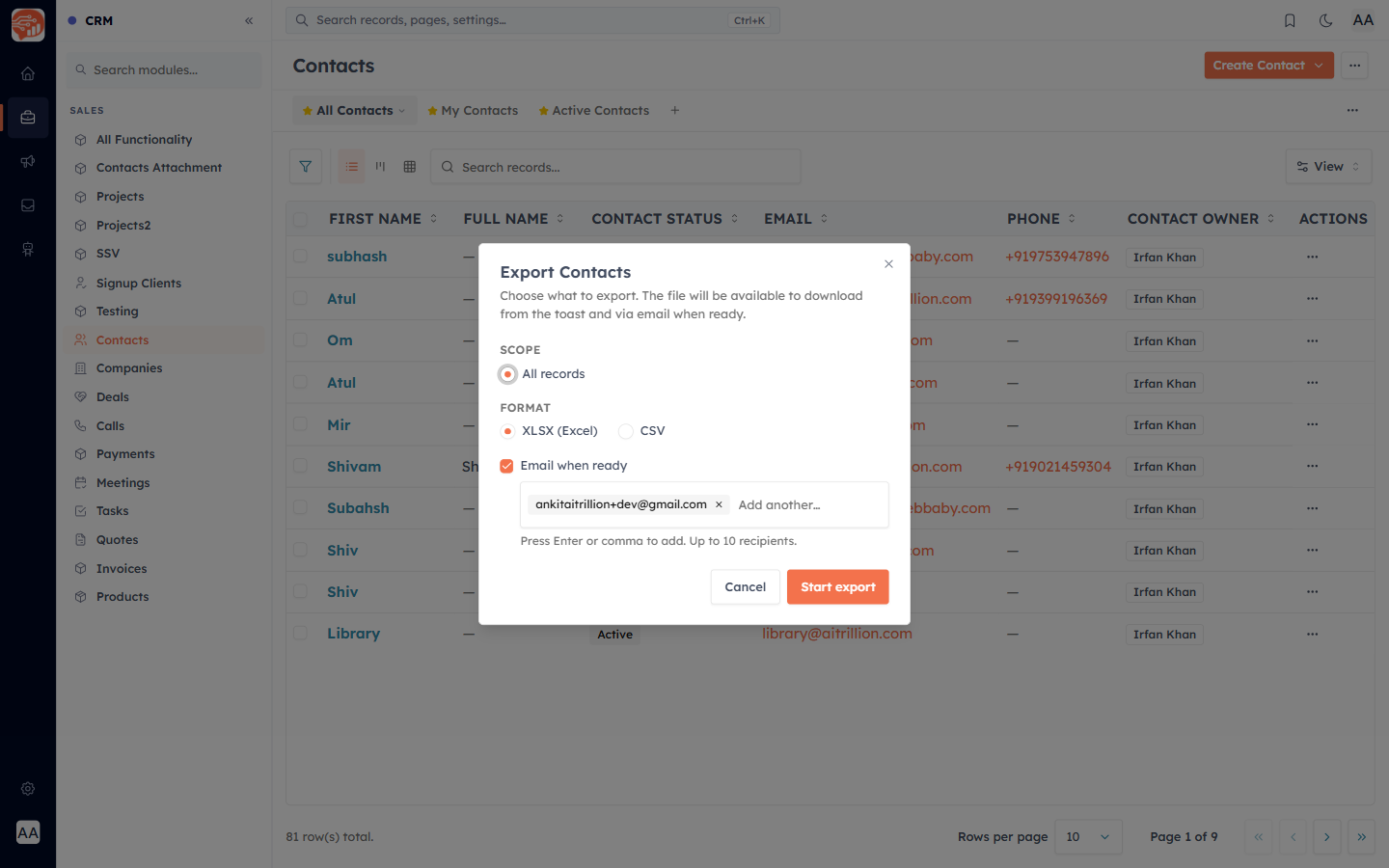 The Export dialog: choose scope, format, and email
