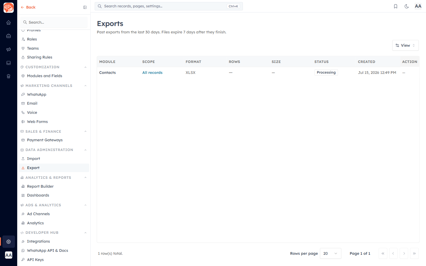 The Export history center with job status and download links