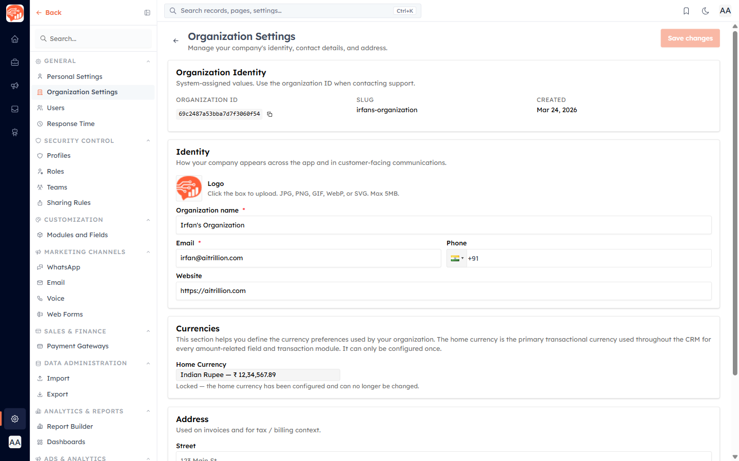 The Organization Settings page