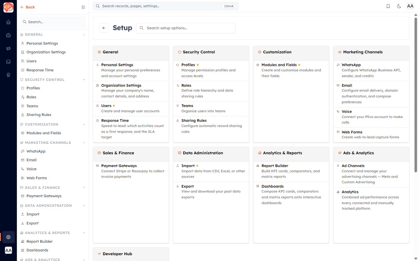 The Setup page with every settings group