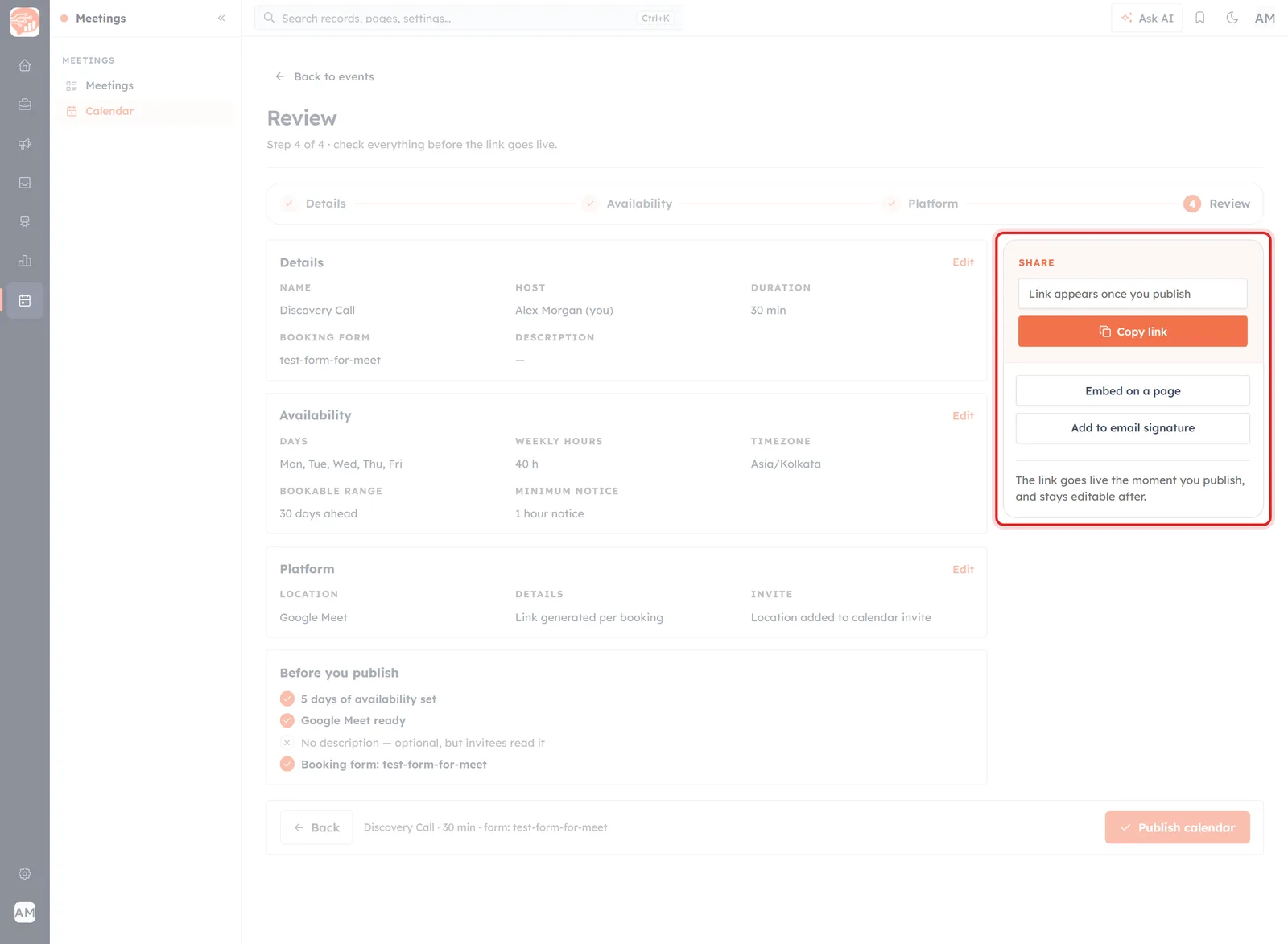 The SHARE panel on the Review step, with its three options highlighted