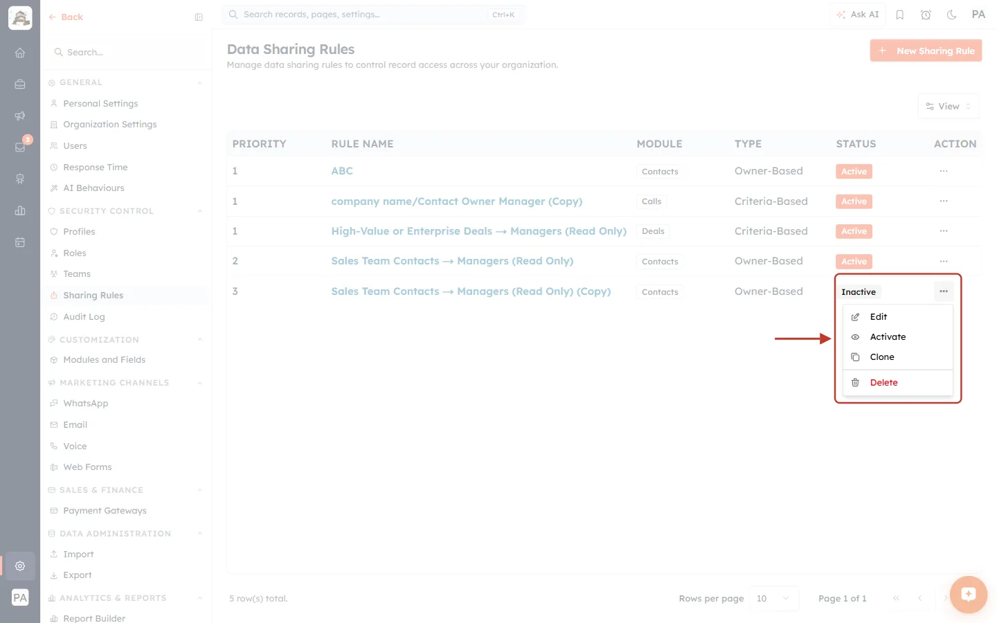 The Action menu of an inactive rule, offering Activate