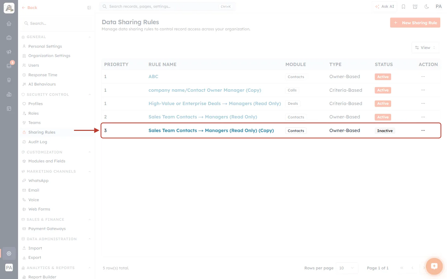 A cloned rule on the list: named (Copy) and Inactive