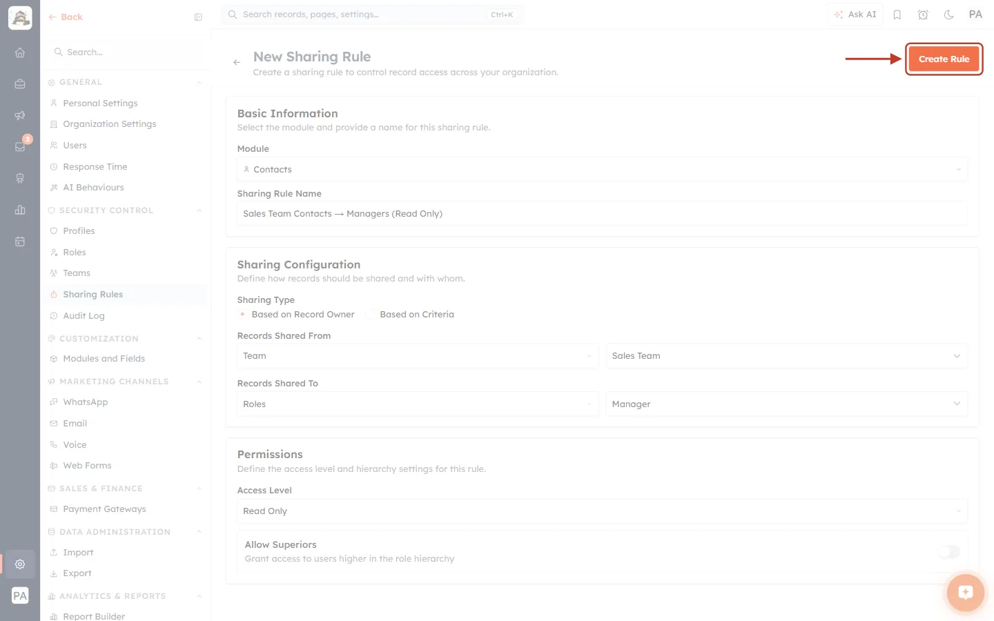The Create Rule button at the top right of the New Sharing Rule form