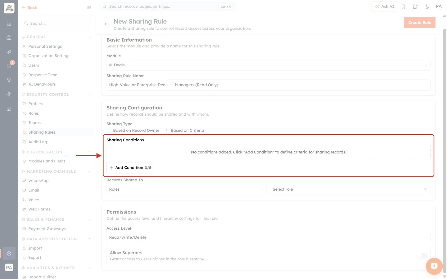 Based on Criteria selected, with an empty Sharing Conditions area and the Add Condition button
