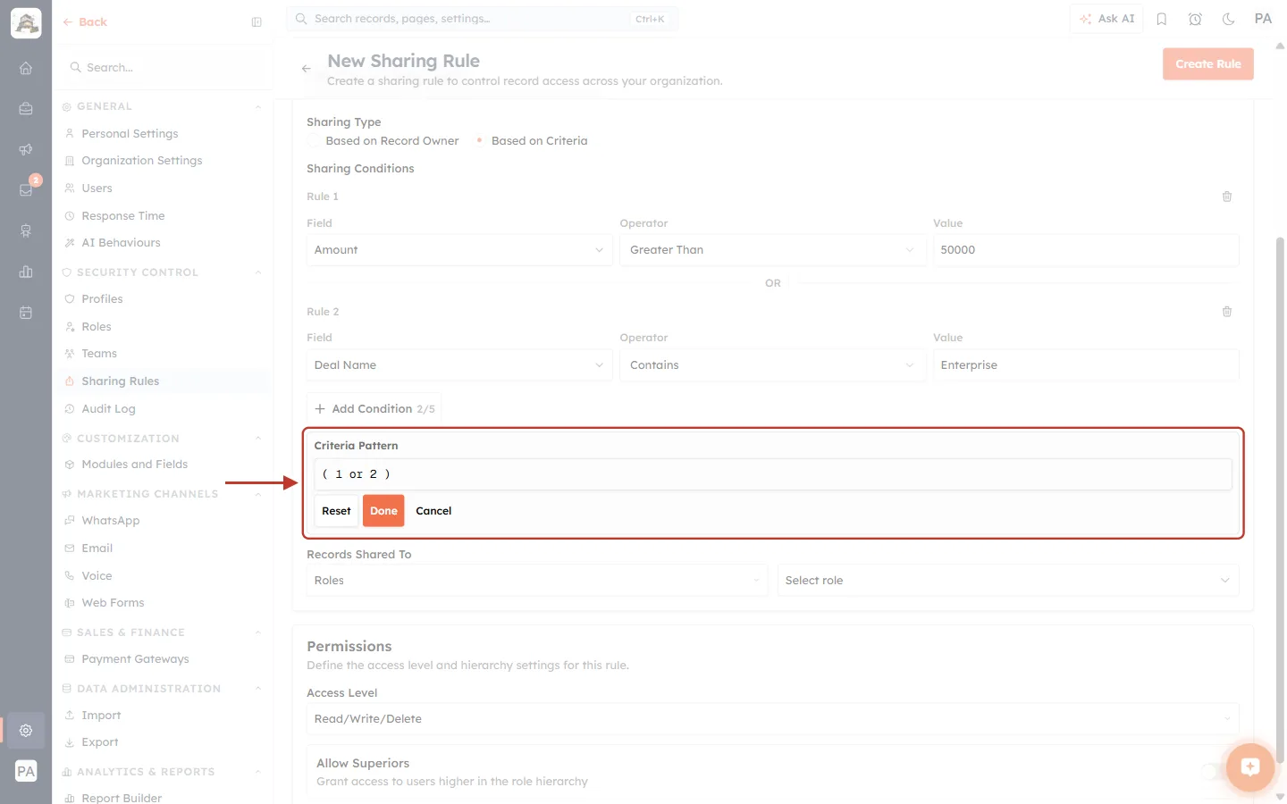 The Criteria Pattern editor with Reset, Done and Cancel