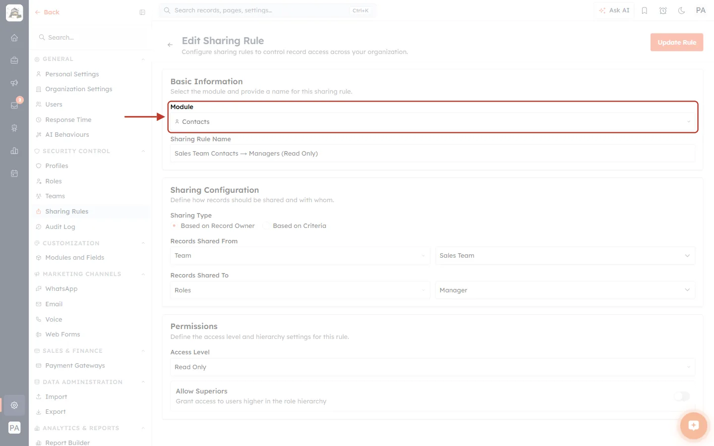 The Edit Sharing Rule form with the Module field locked