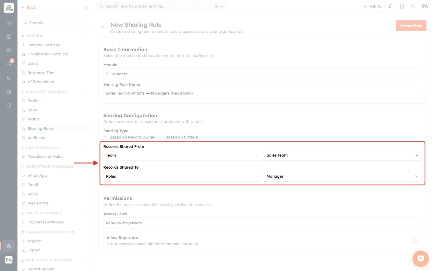 Records Shared From set to Team: Sales Team and Records Shared To set to Roles: Manager