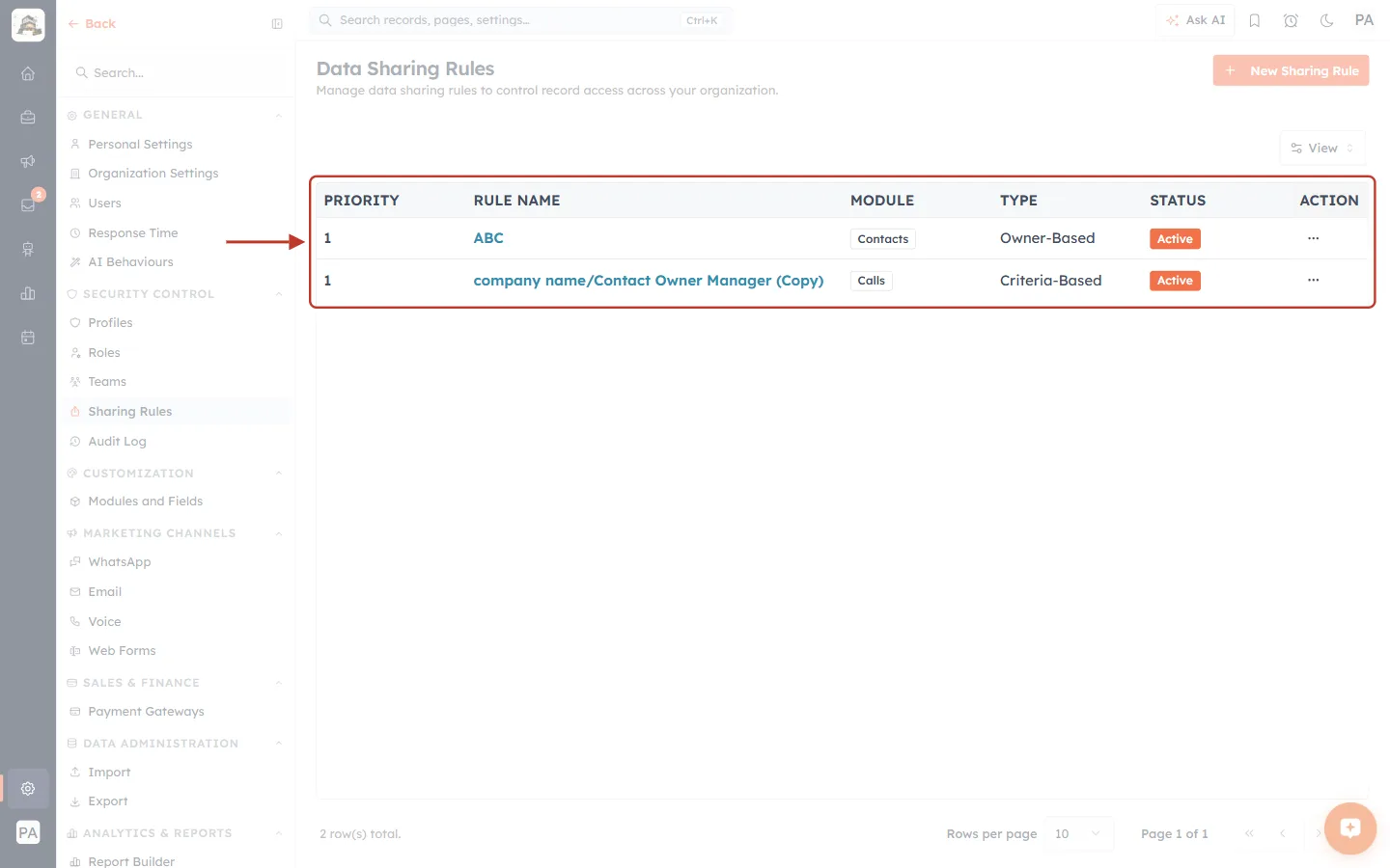 The Data Sharing Rules list with its columns