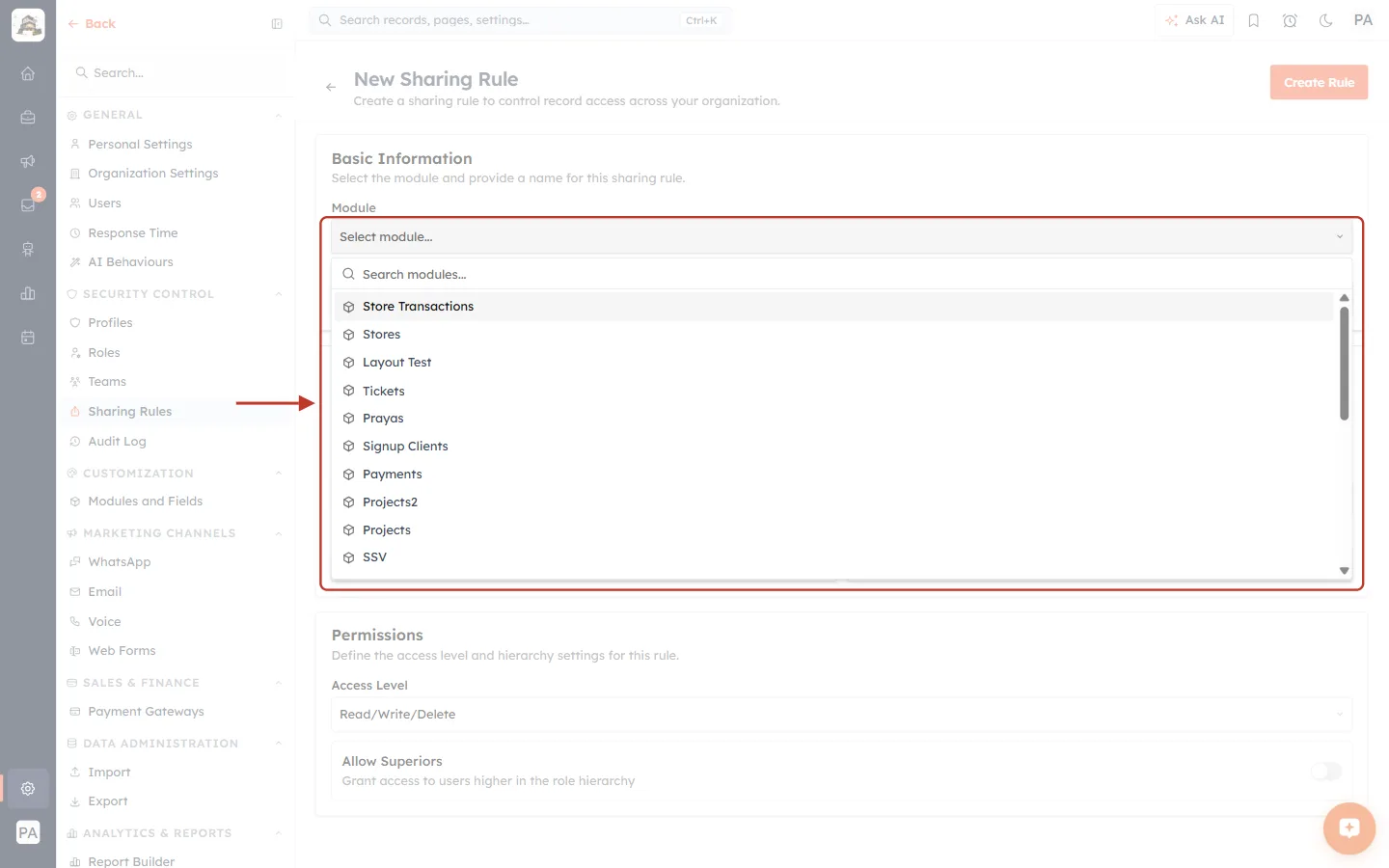 The Module drop-down open, listing every module