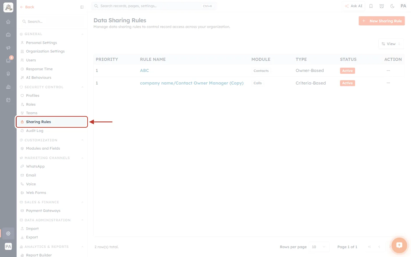 Sharing Rules under Security Control in the Settings menu