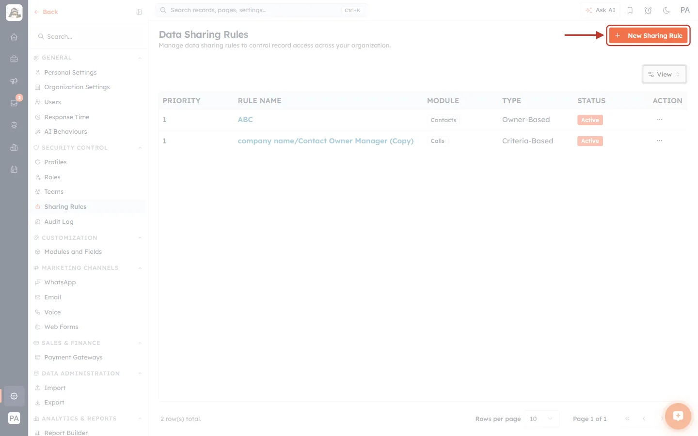 The New Sharing Rule button on the Data Sharing Rules page
