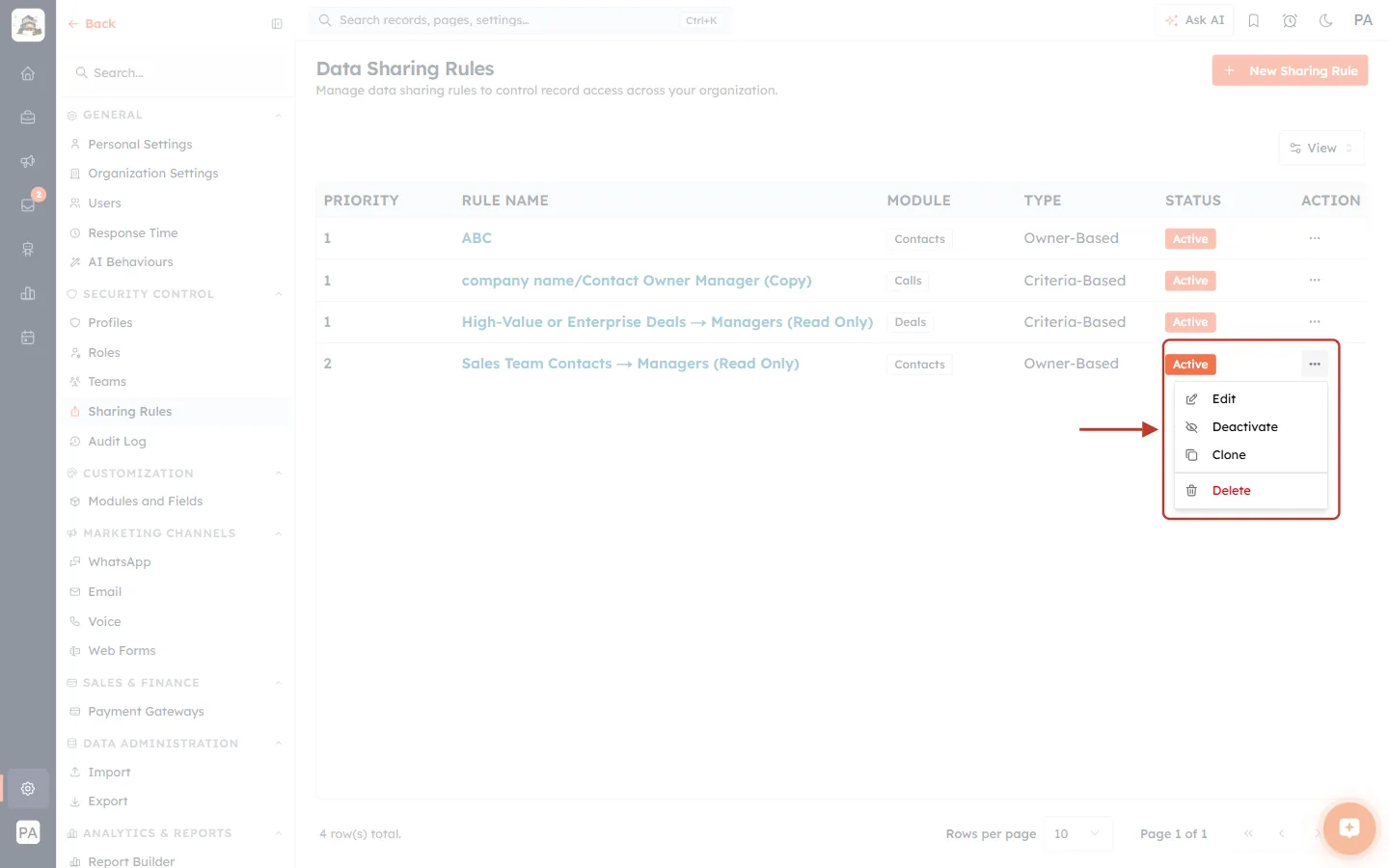 The Action menu of a rule: Edit, Deactivate, Clone, Delete