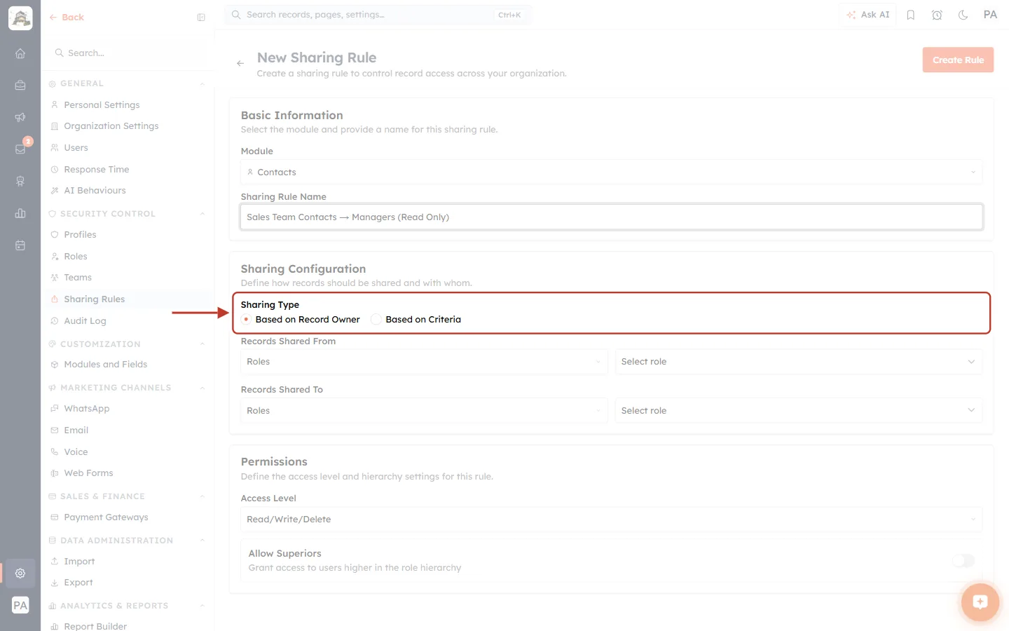 The Sharing Type options: Based on Record Owner and Based on Criteria