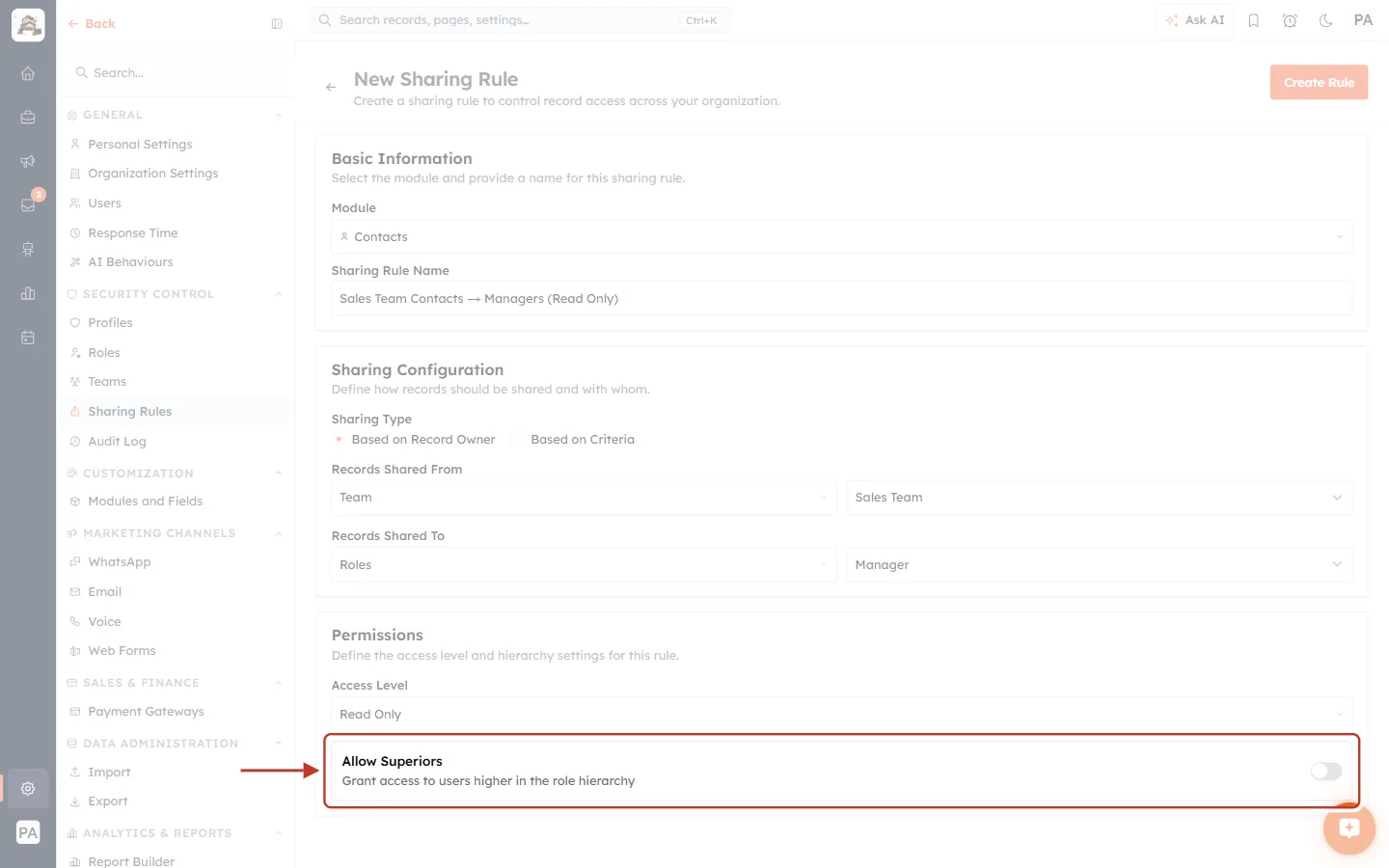 The Allow Superiors switch in the Permissions card