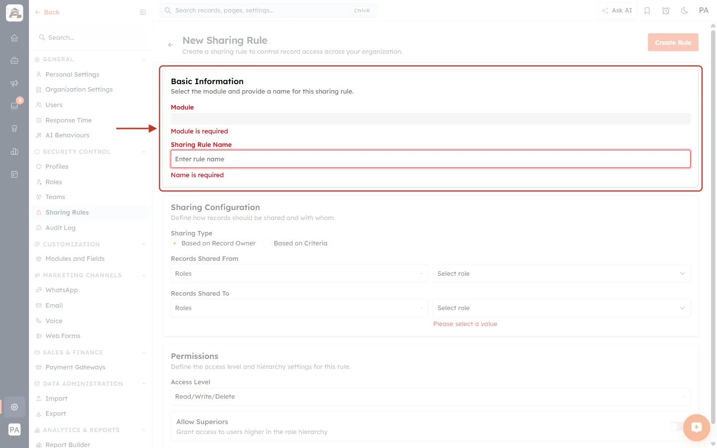 Required-field messages on the New Sharing Rule form