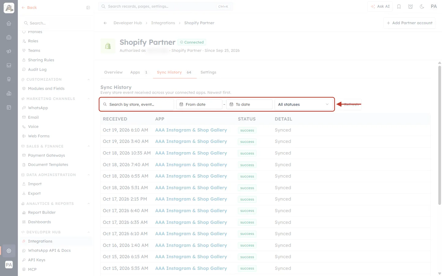 Sync History filters