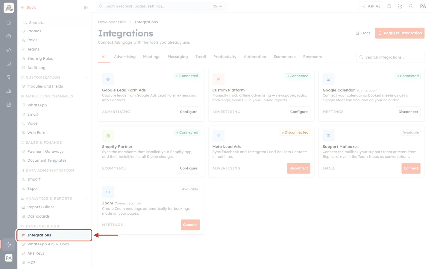 Integrations in the Settings menu