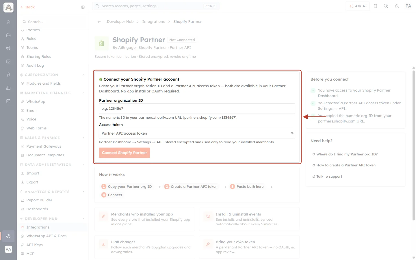 The Connect your Shopify Partner account form