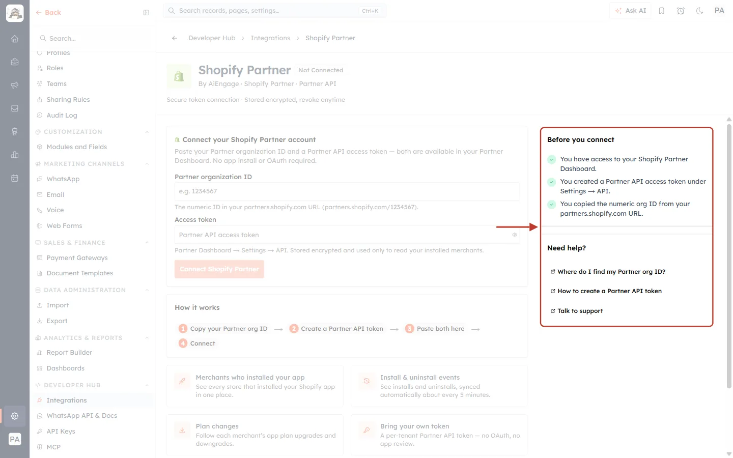 Before you connect and Need help panels
