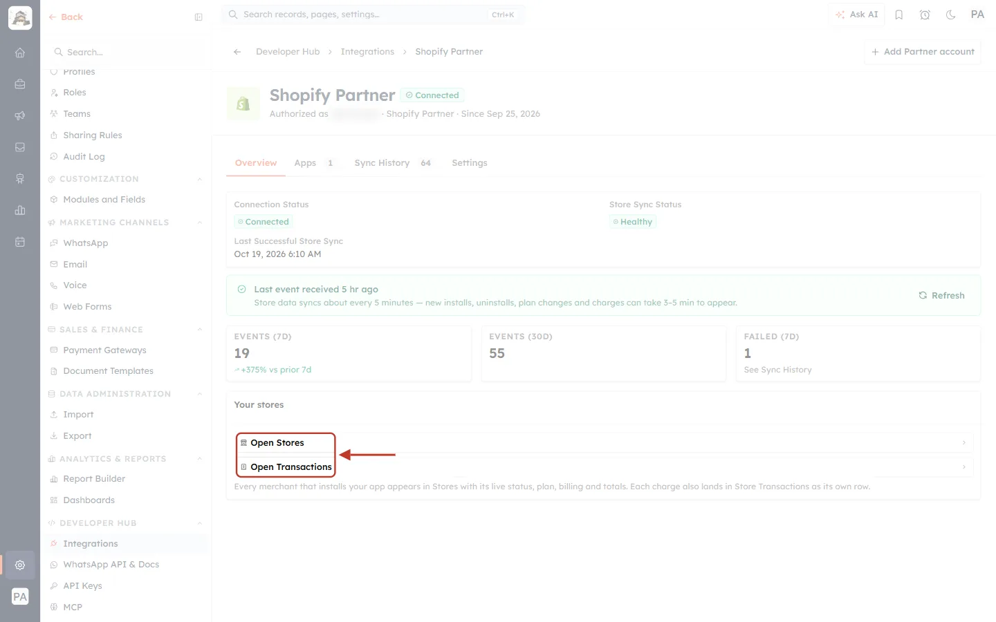 Open Stores and Open Transactions on the Overview tab