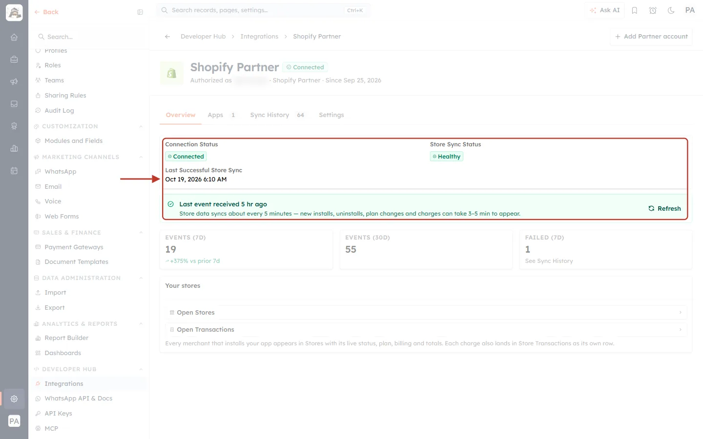 Connection and store sync status