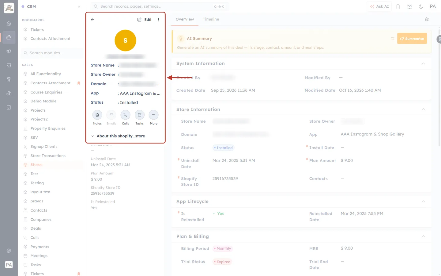 The store summary panel