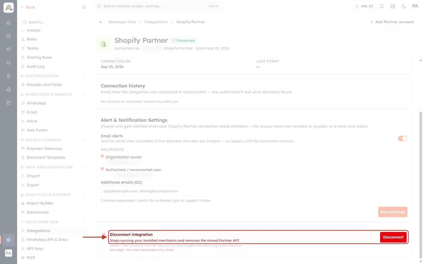 Disconnect integration on the Settings tab