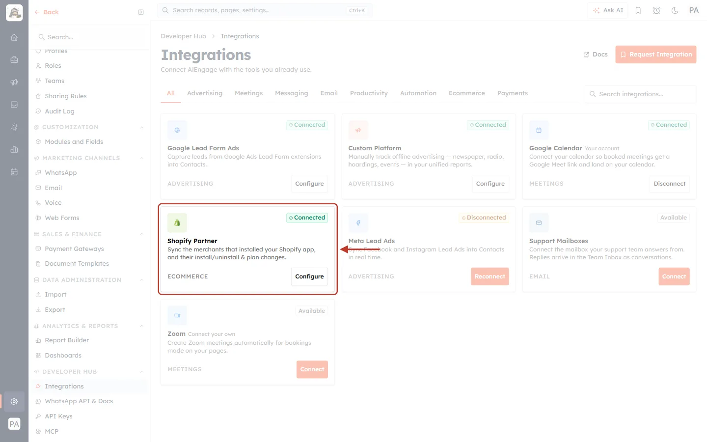 The Shopify Partner integration card