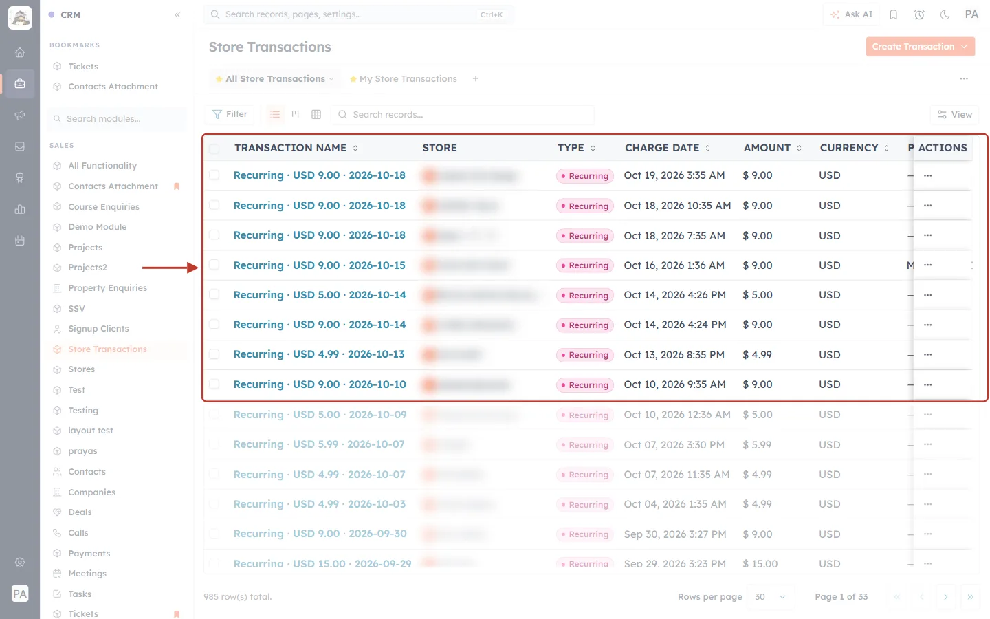 The Store Transactions list