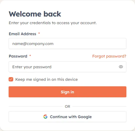 The sign-in screen, with the Sign up link beneath the Continue with Google button