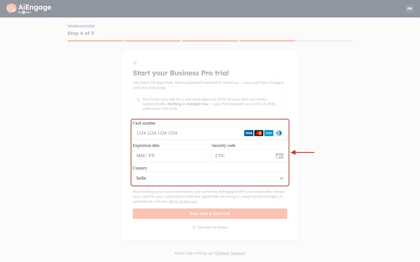 The Stripe card fields: card number, expiration date, security code and country