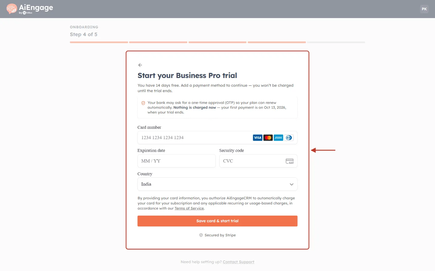 Onboarding Step 4 of 5: Start your Business Pro trial, with the empty card form