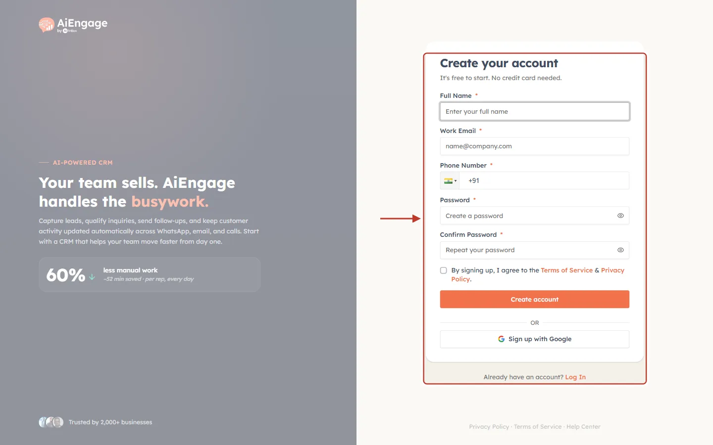 The Create your account form: Full Name, Work Email, Phone Number, Password and Confirm Password