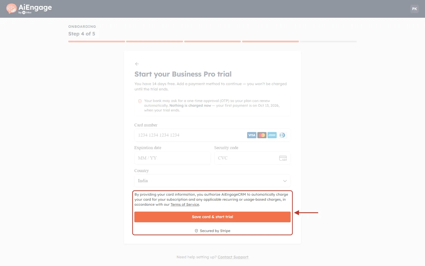 The authorisation text, the Save card & start trial button and Secured by Stripe