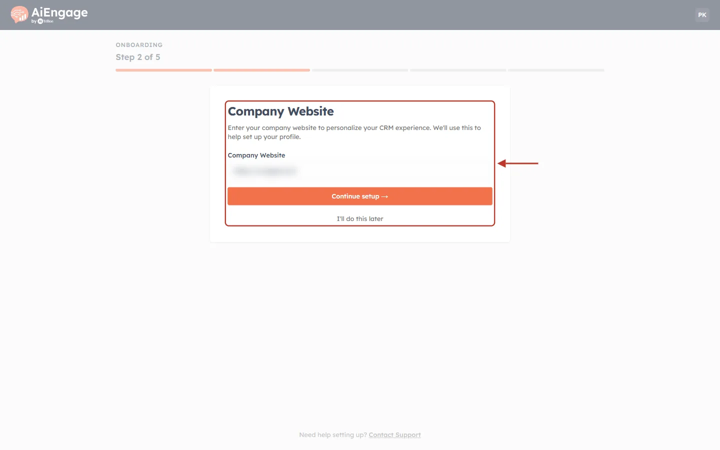 Onboarding Step 2 of 5: the Company Website screen