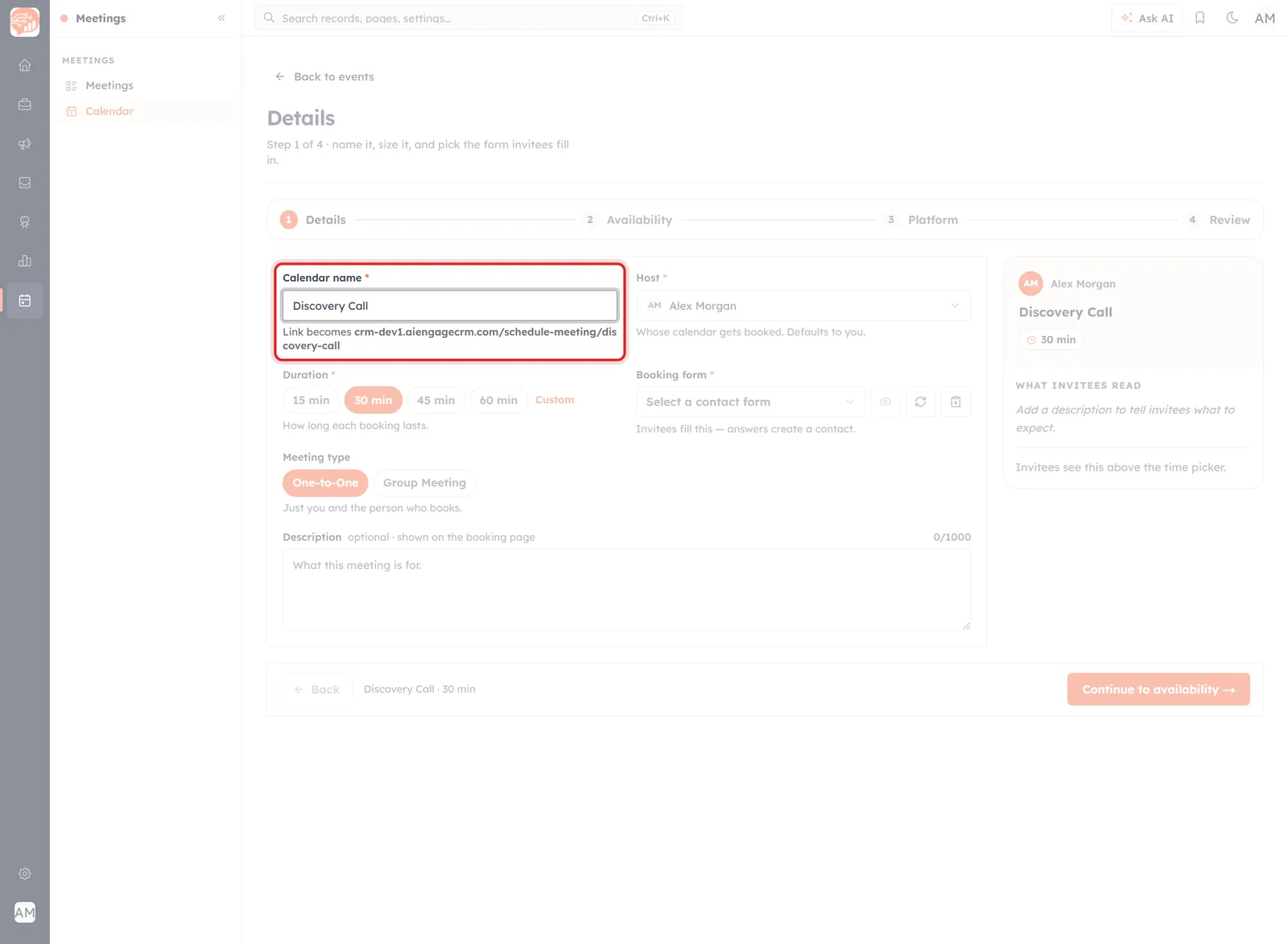 The Calendar name field, previewing the public link address it produces