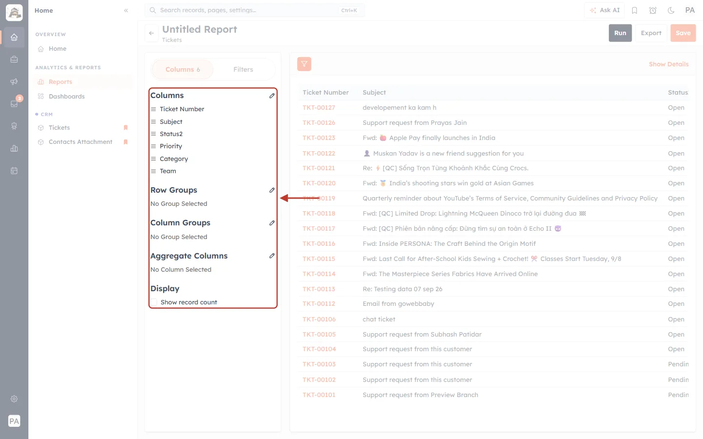 The report settings panel