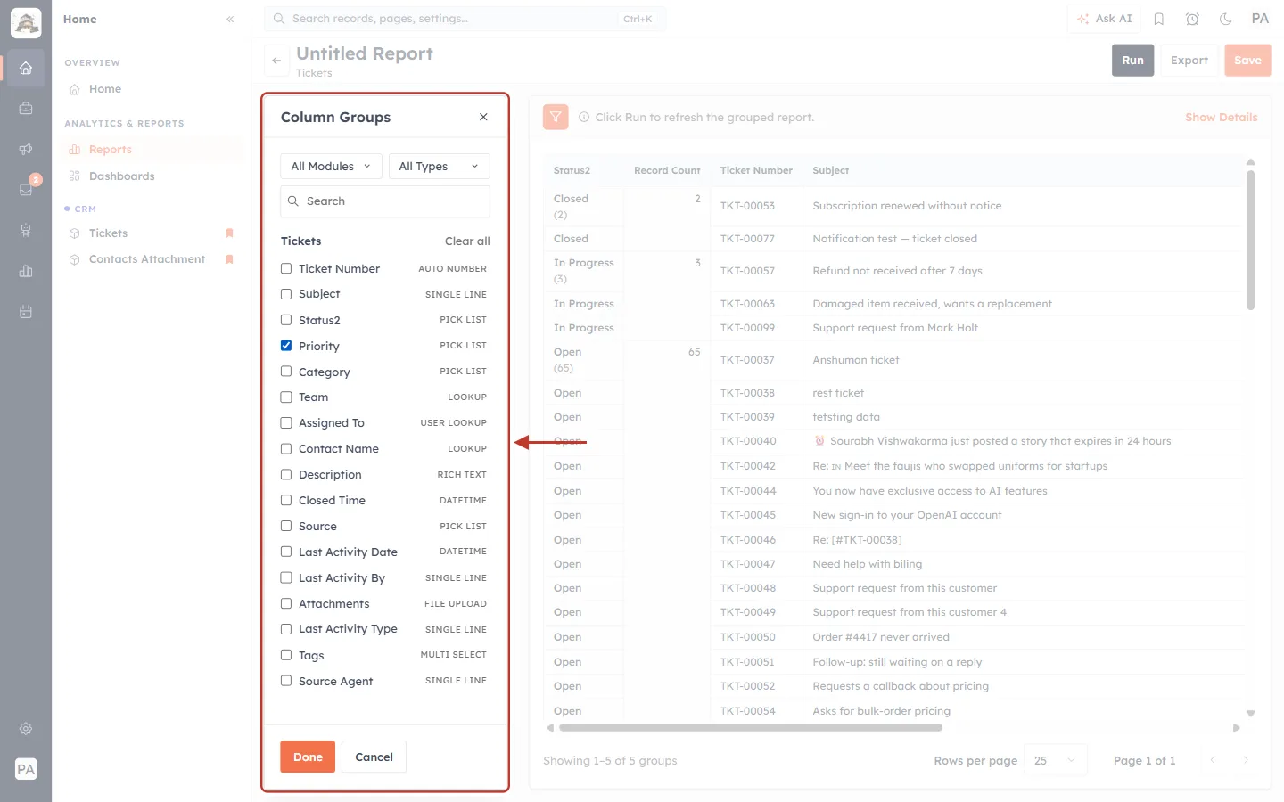 The Column Groups picker with Priority ticked