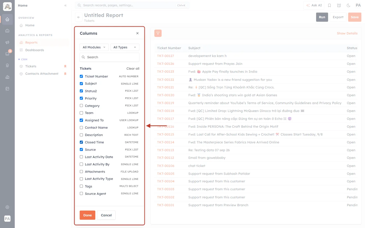 The Columns picker