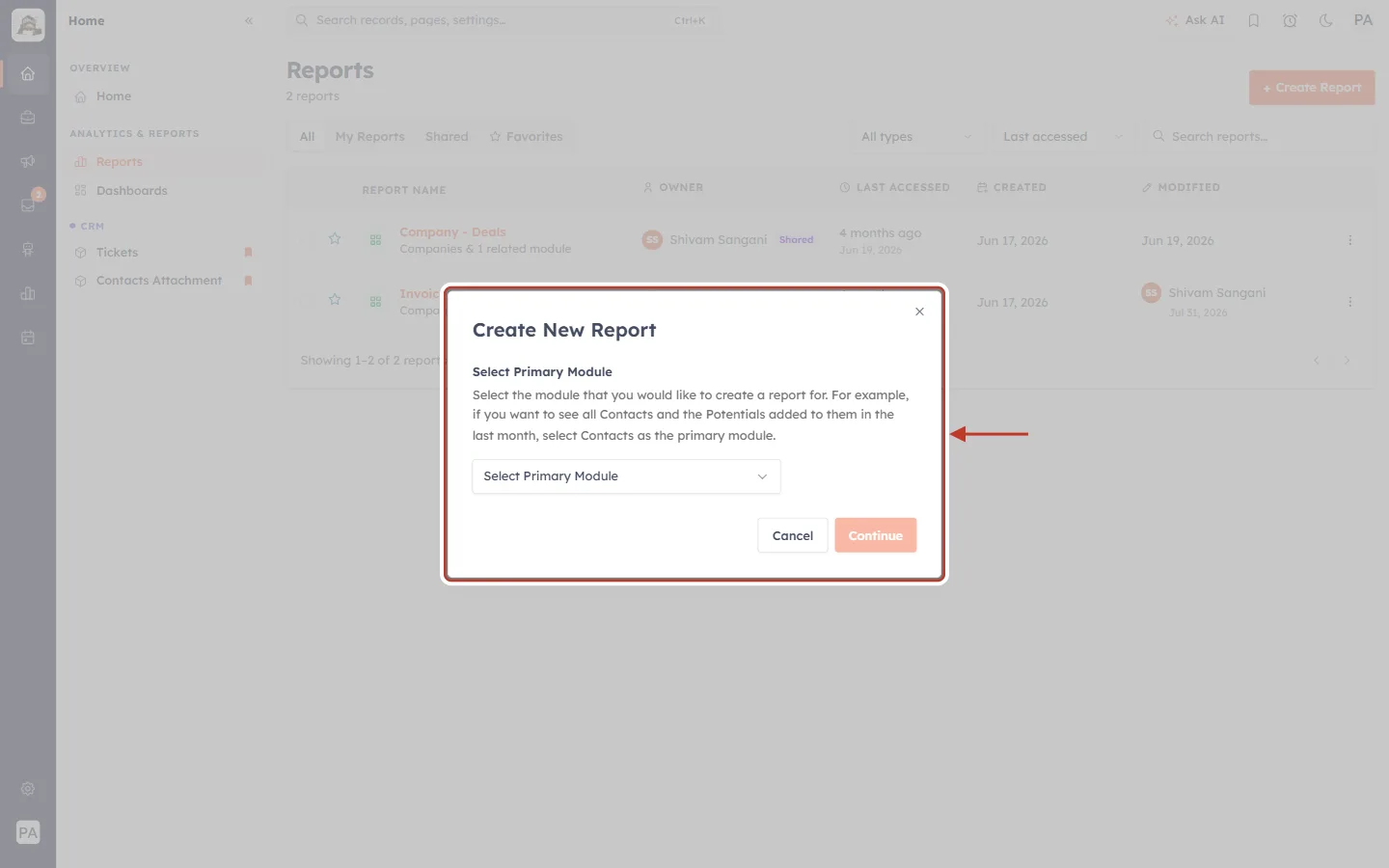 The Create New Report dialog