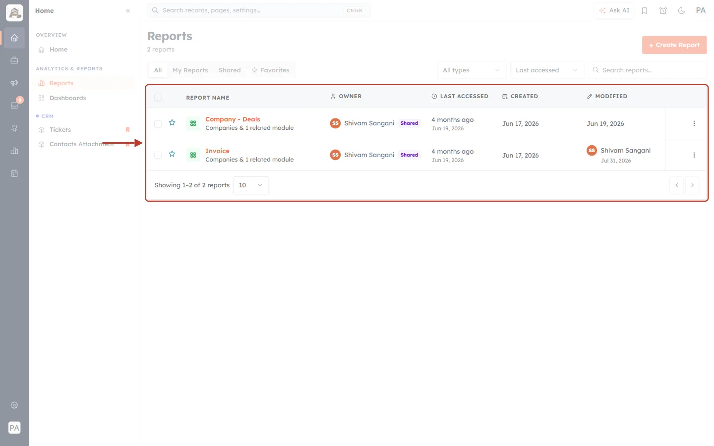 The Reports list